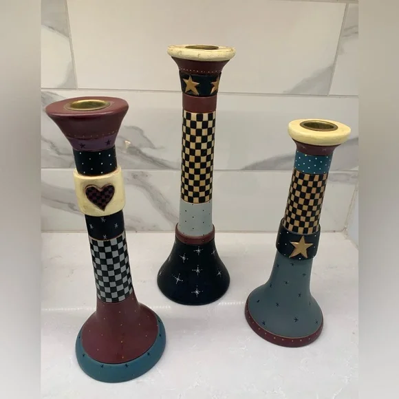 Vintage Williraye Studio Colorful Checkered American Candle Holders - Picture 2 of 9